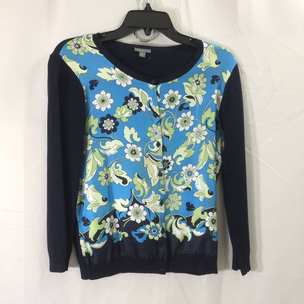 Ann Taylor Silk Cardigan Blue Green Floral Print Sweater Medium Button Front